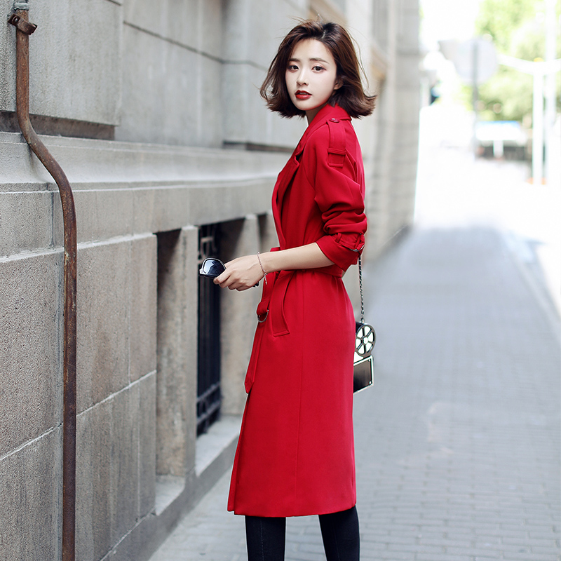 中长款红色风衣女春秋季2017新款潮韩版过膝