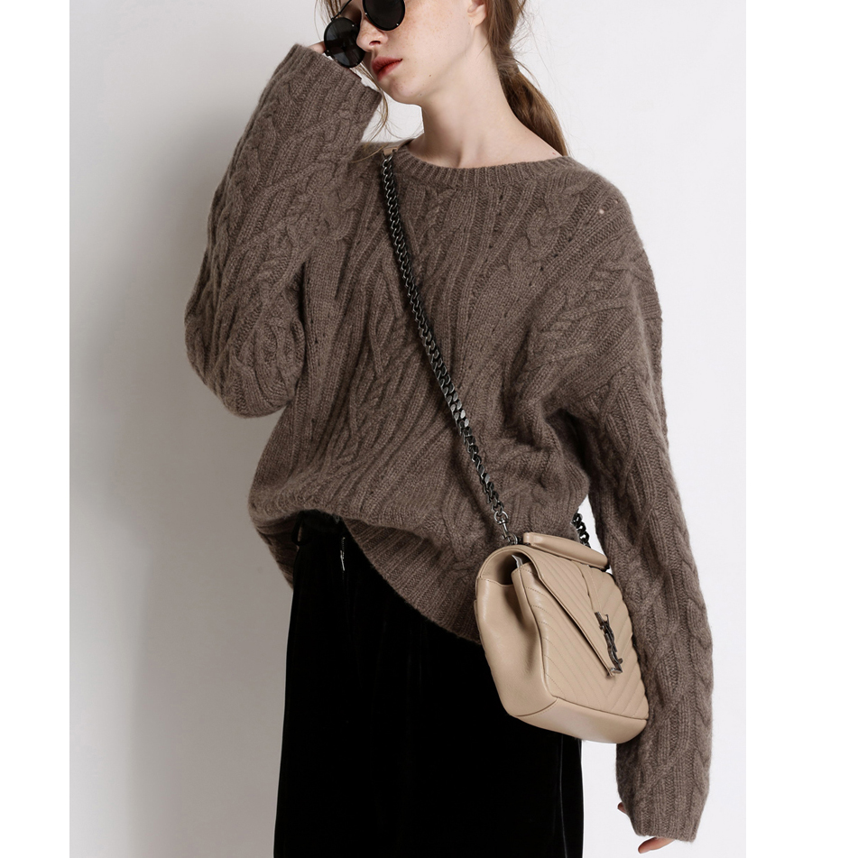 糯轻柔~欧美高端羊绒衫女圆领麻花针织衫前短后长宽松慵懒毛衣优惠券