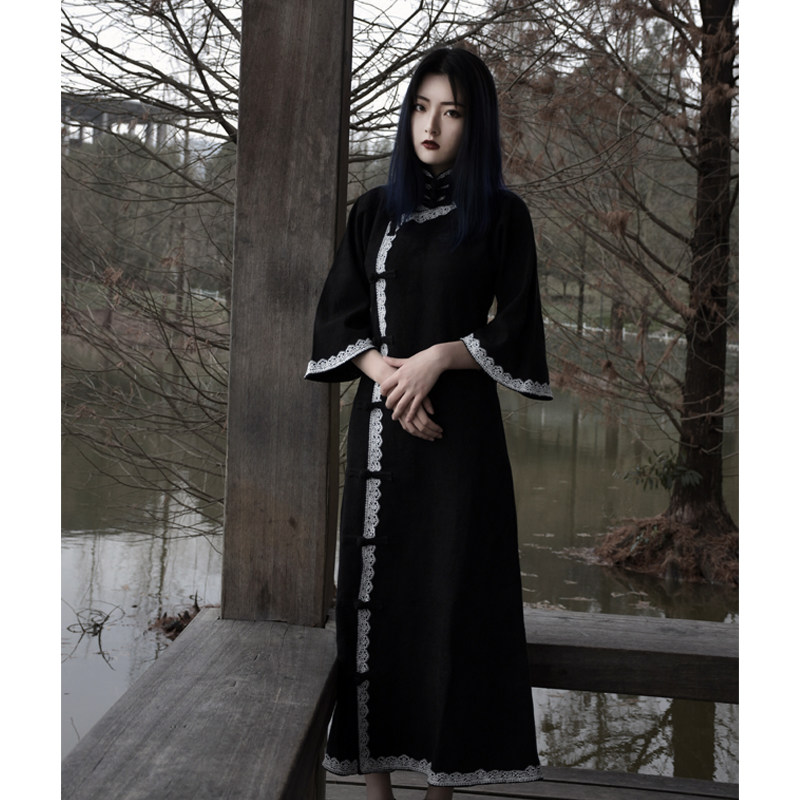 复古中式直襟民国风长袖款厚棉麻改良旗袍式连衣裙女黑色长袍优惠券