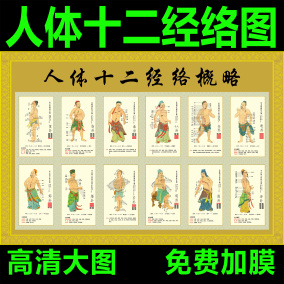 人体十二经络穴位图古代人物大挂图 中医诊所墙贴海报广告宣传画