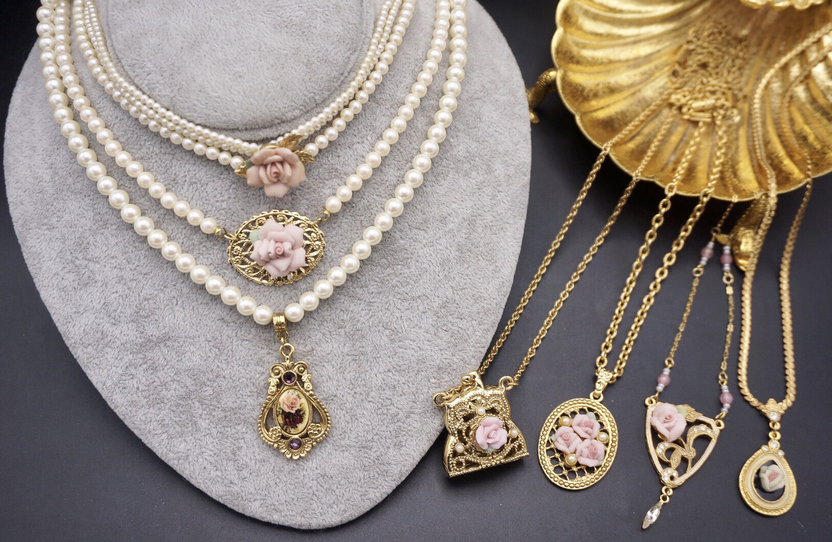 像链_vintage古董首饰美国1928品牌手工陶瓷玫瑰珍珠项链浮雕人像颈链