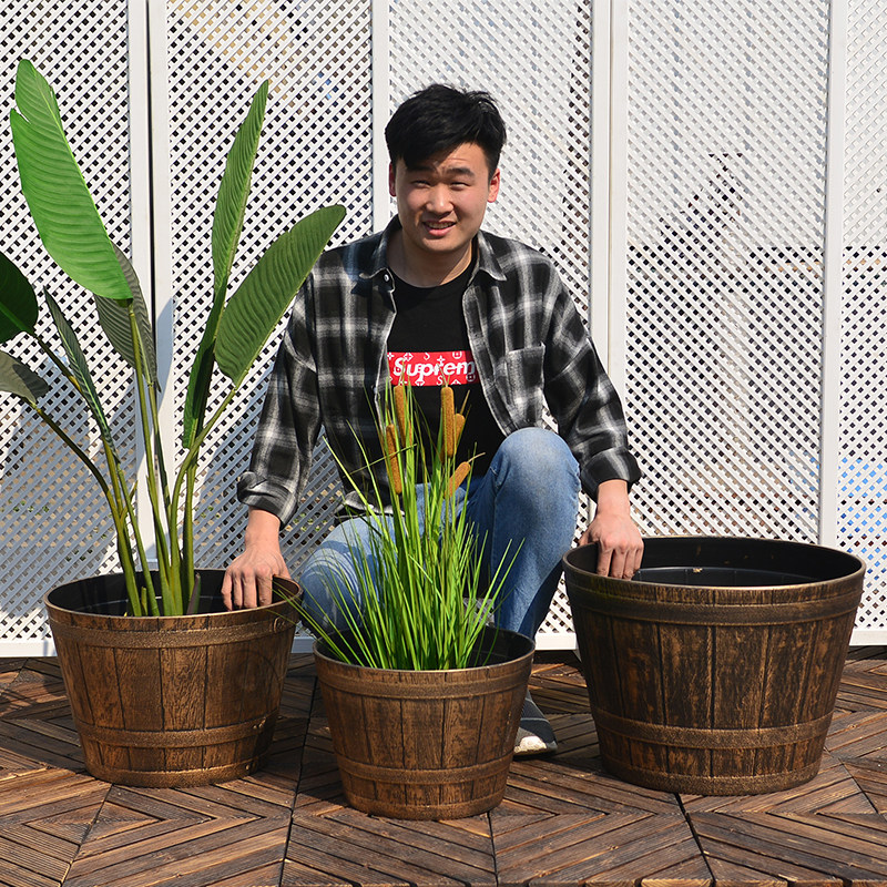 庭院_欧式圆形木桶加厚超特大码树脂塑料花盆阳台庭院景观盆景种树盆
