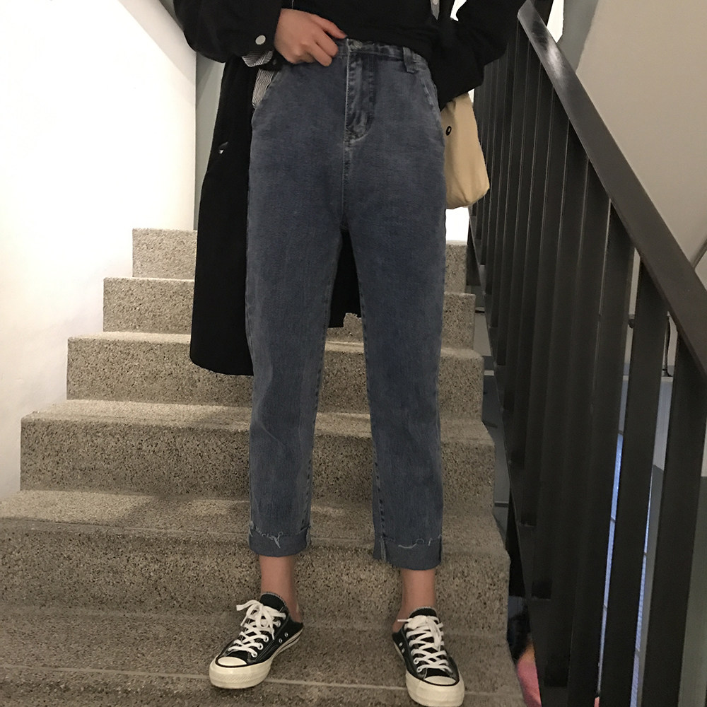 挽裤_kumayes 2018春夏新款直筒显瘦挽裤脚百搭基础学生韩版复古牛仔