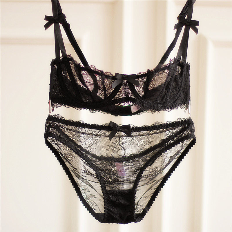 蕾丝透明文胸 网纱_欧美内衣超薄半杯性感蕾丝透明小胸聚拢网纱透视