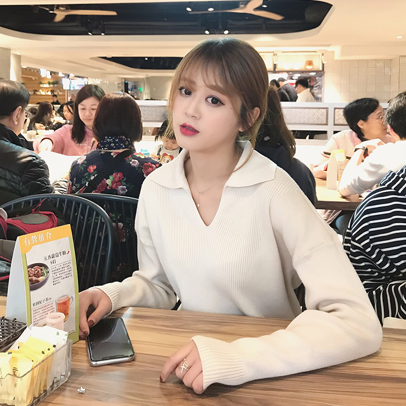 新款韩版学院风套头打底白色毛衣女宽松v领短款针织衫