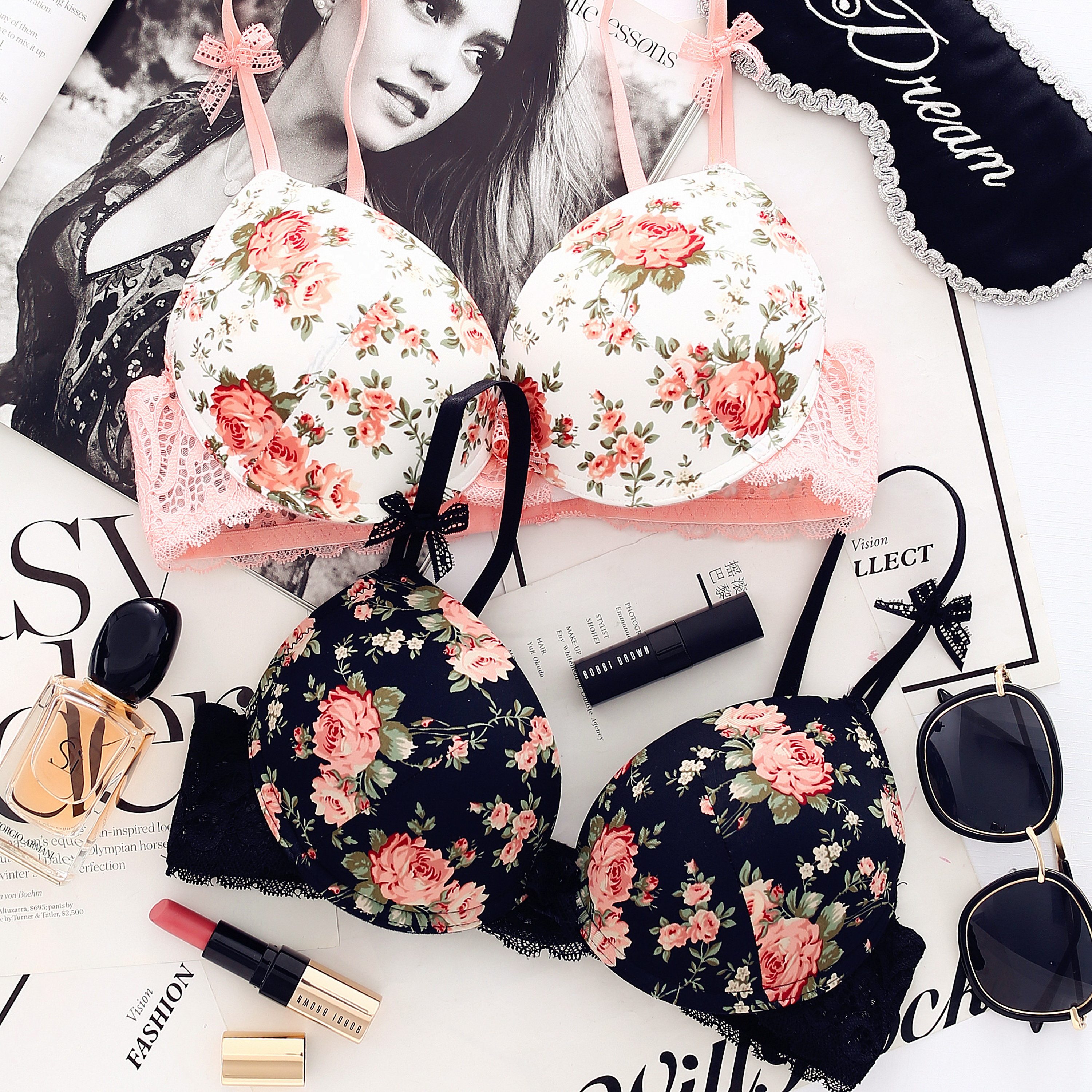 文胸套装日系少女碎花厚薄款无痕甜美印花内衣