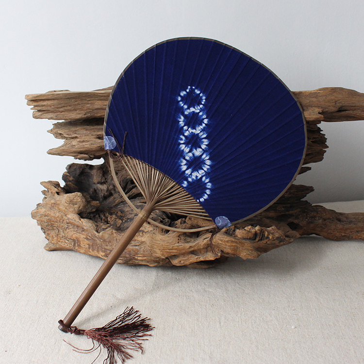 日式团扇圆面扇 竹柄 和风 复古 纳凉扇 老竹 手工蜡染布面扇子