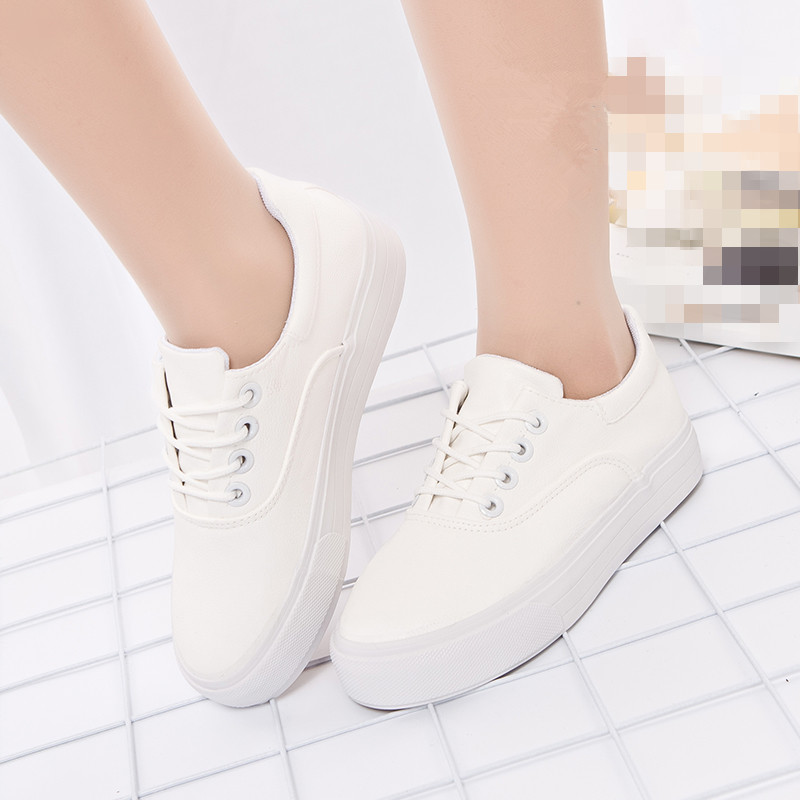 皮面春夏文艺小白鞋女生系带韩版帆布鞋厚底百搭白色板鞋学生布鞋