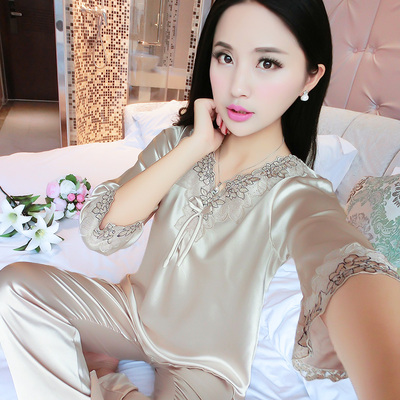 睡衣女九分袖夏季冰丝绸甜美可爱少女春秋真丝长袖长裤家居服套装