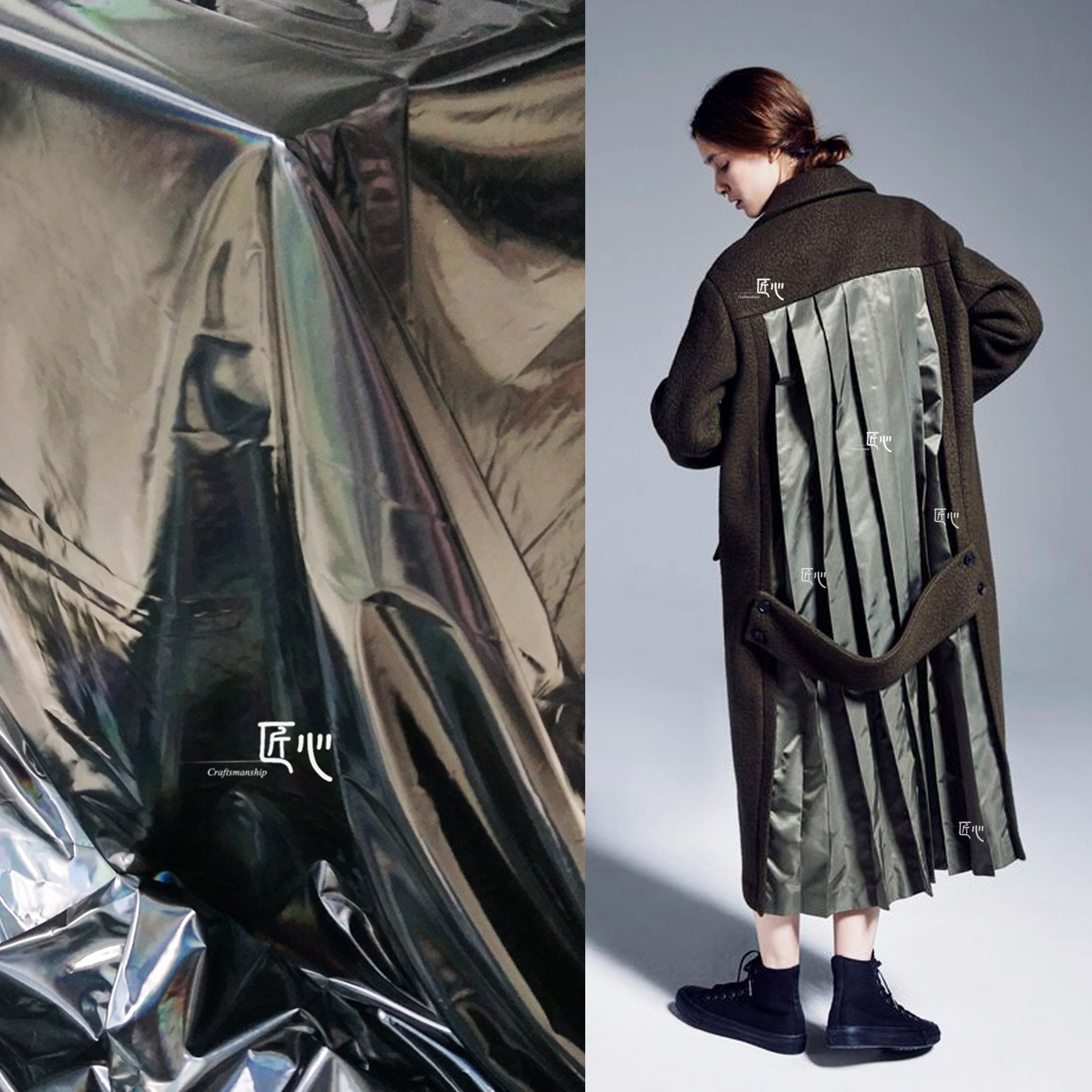 交通执法反光衣带灯_亮黑色涂层pu皮革镜面反光风衣雨衣无弹pvc服装