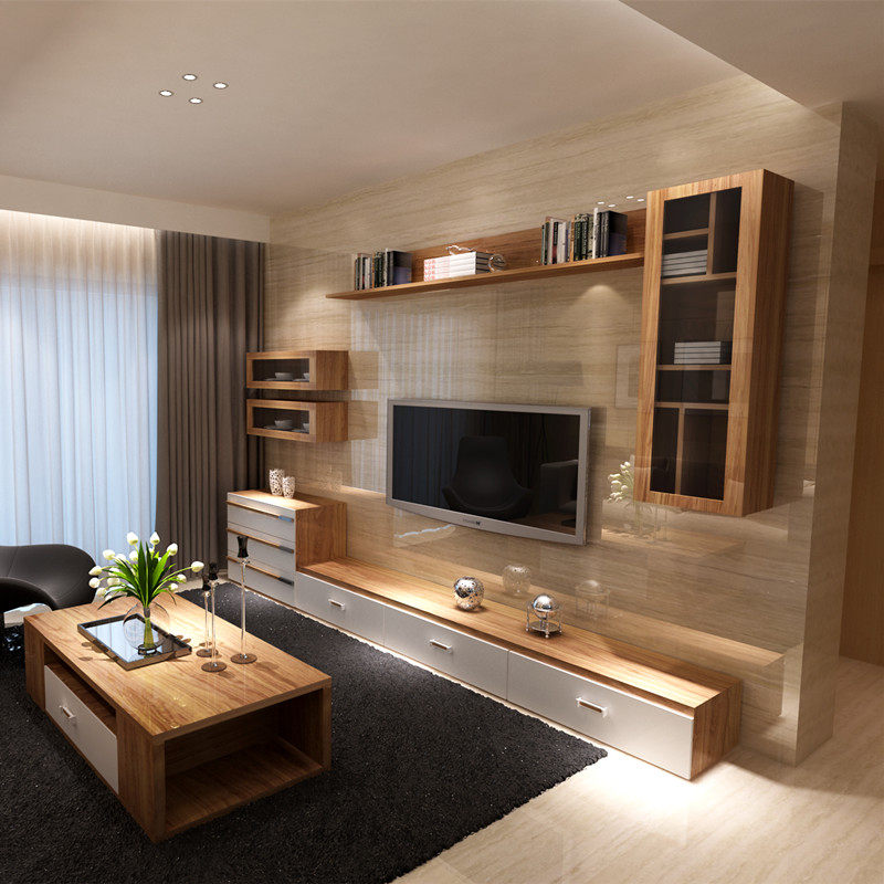 电视墙柜_客厅电视柜组合茶几套装背景墙柜实木颗粒简约现代挂柜橡木