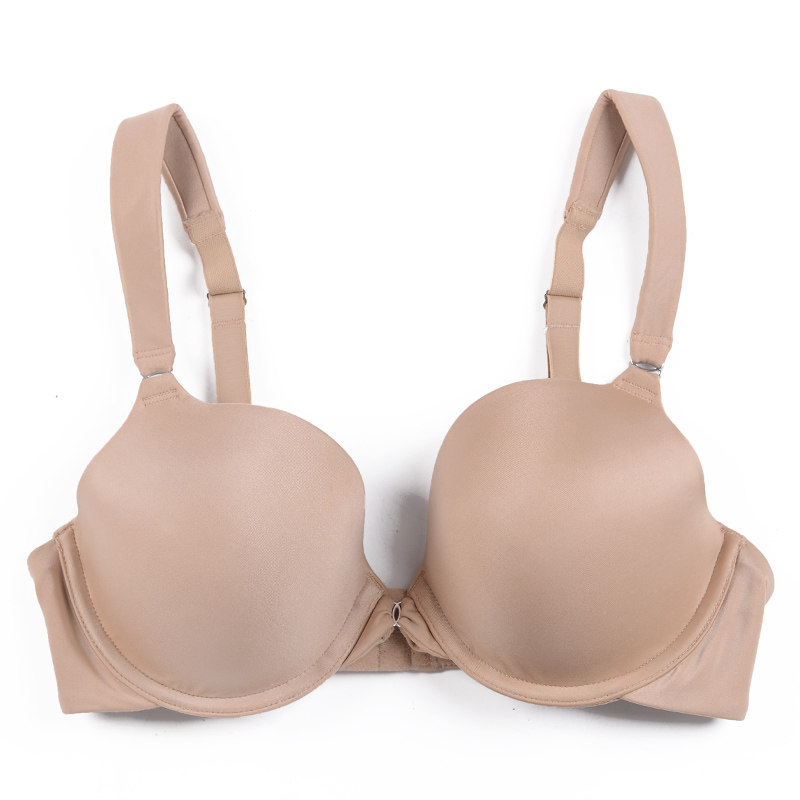 一折e罩杯文胸_光面上薄下厚聚拢文胸 肤白玫红色低心位上托胸罩 大