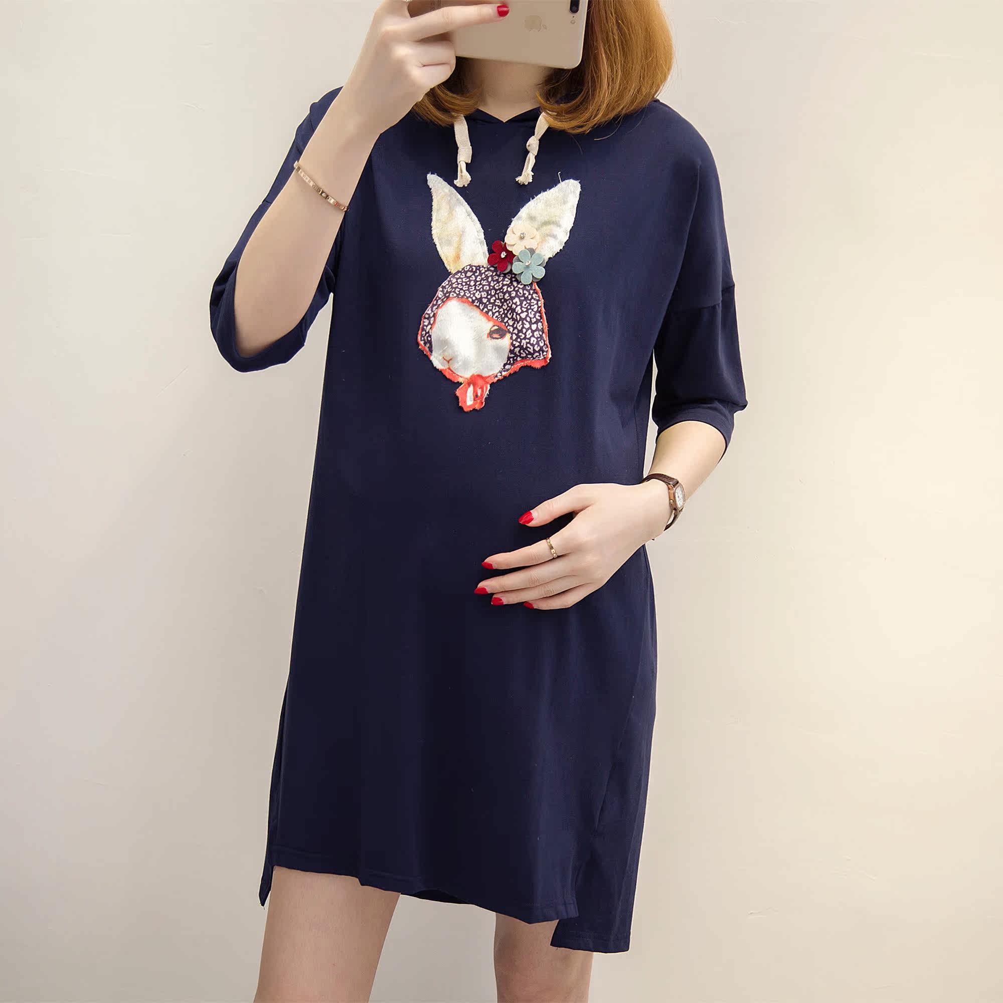 孕妇装夏季兔子贴布连帽t恤裙宽松大码潮妈纯棉孕妇裙夏装连衣裙