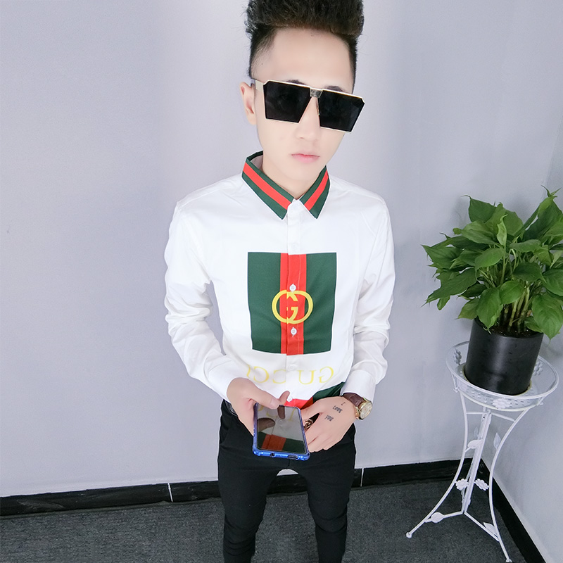 红衬衫男长袖秋季韩版修身潮流寸衫个性社会精神小伙发型师衬衣优惠券