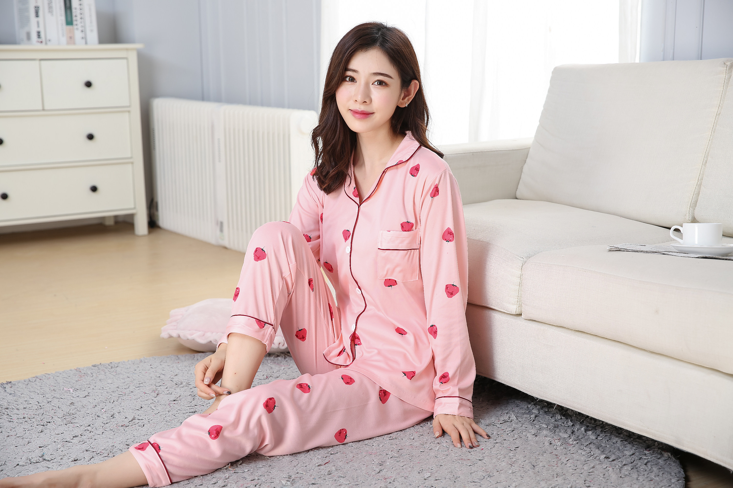 睡衣女秋开衫粉色