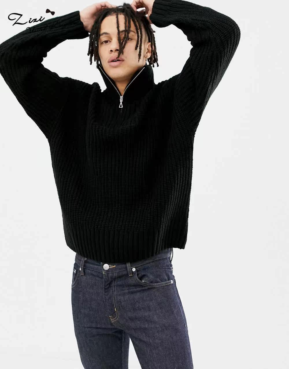 男士滑肩时尚纯色半拉链高领气质针织衫 英国正品代购18冬男新品