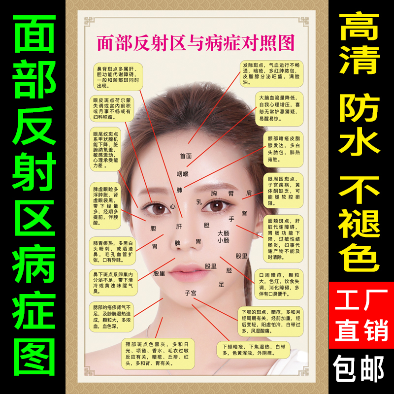 热销美容保养_面部反射区与病症对照图中医养生美容院面部护理保养