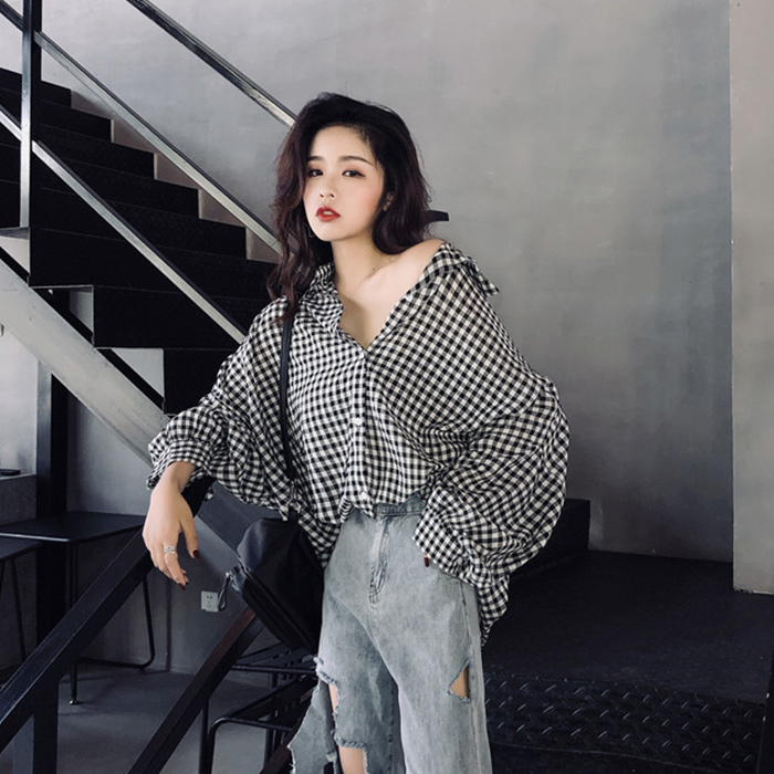 黑白格子衬衫女 宽松