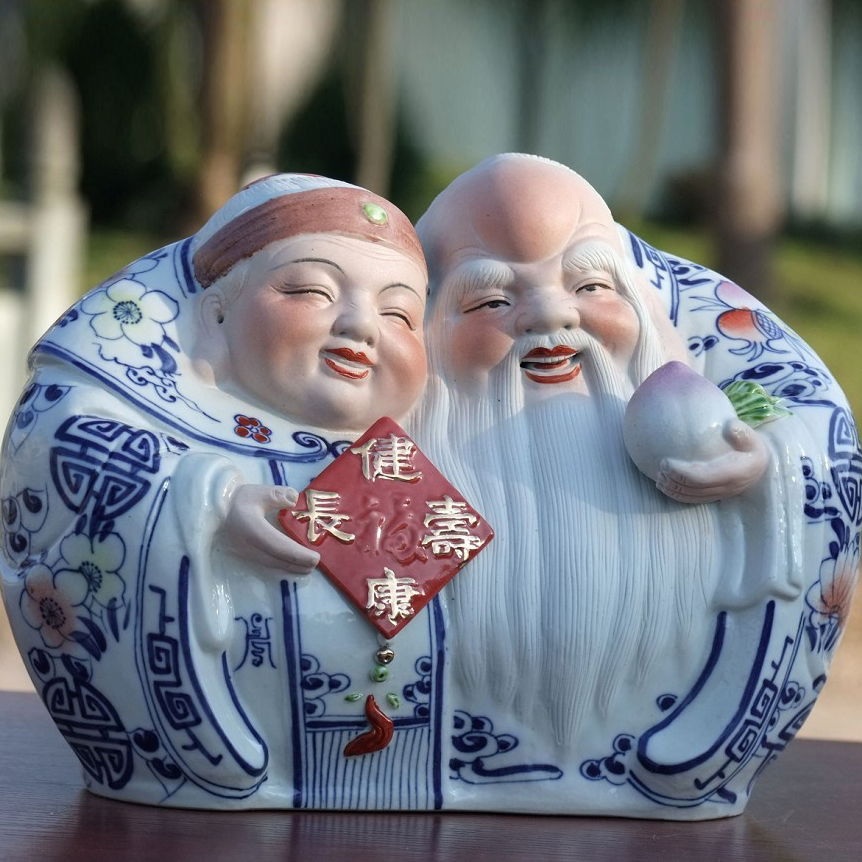 寿公寿婆/健康长寿 送老人 祝/贺 礼物 老寿星 雕塑瓷 寿桃 陶瓷