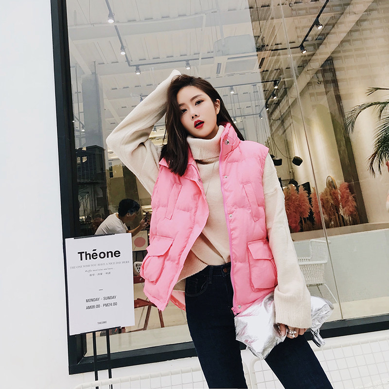 棉马甲女秋冬2017新款短款韩版面包服领黑白粉色