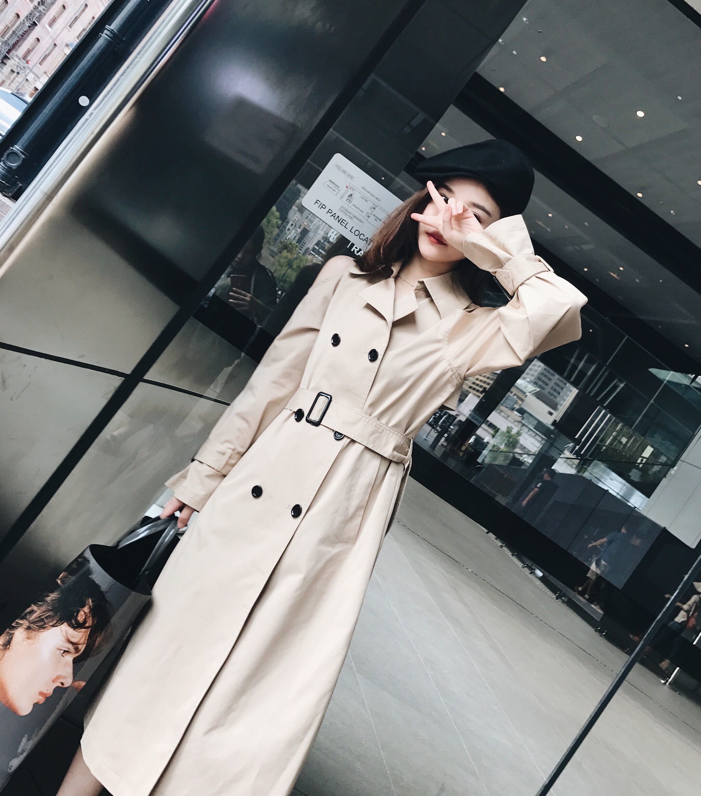 钱夫人chinstudio chic系带双排扣露肩风衣女中长款宽松大衣外套