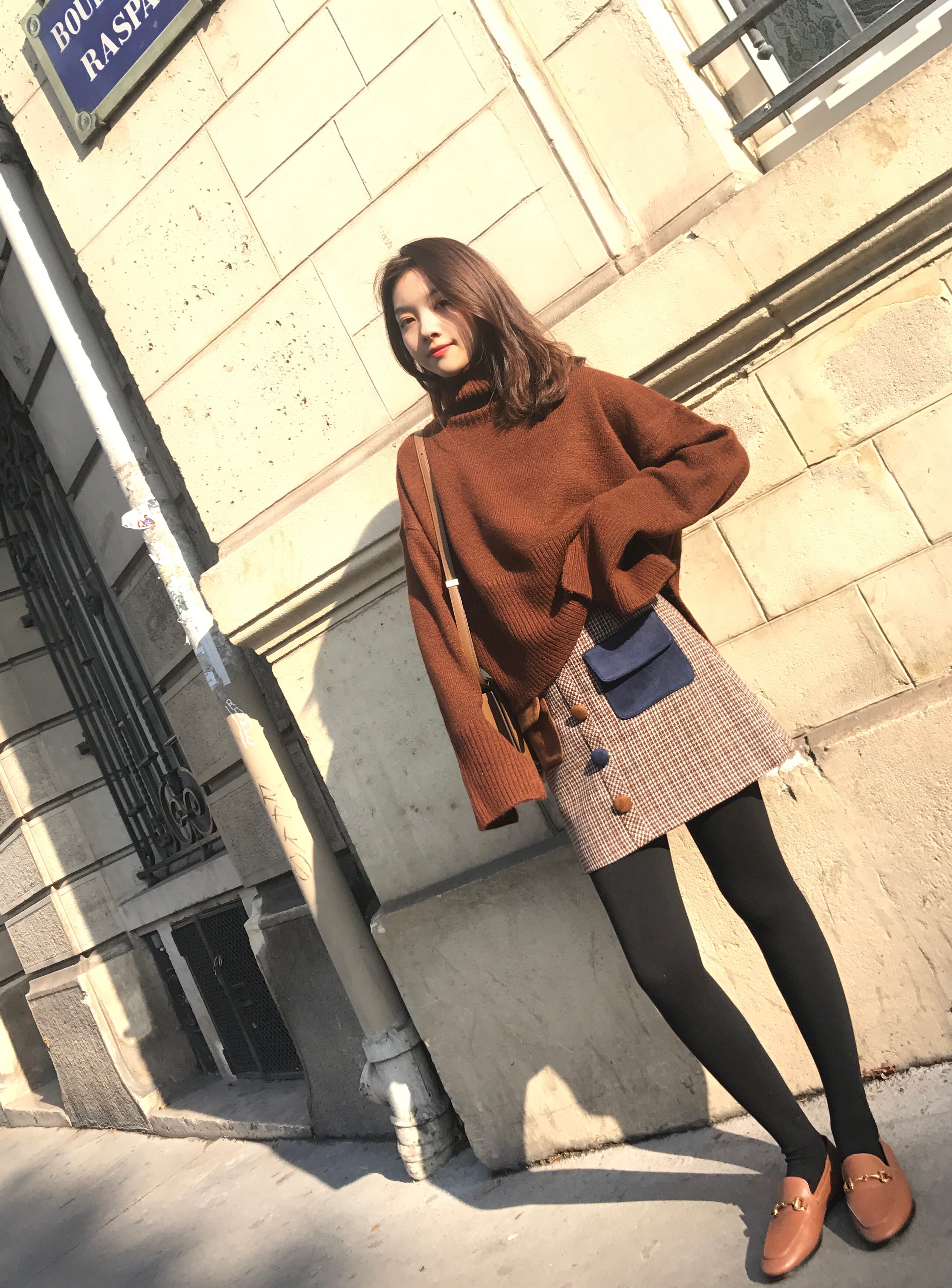 钱夫人chinstudio 韩版撞色格子高腰毛呢半身裙女宽松显瘦a字短裙