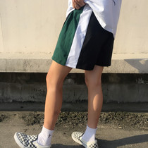 夏季韩版ins原宿风拼色运动休闲裤女情侣学生宽松直筒短裤子男潮