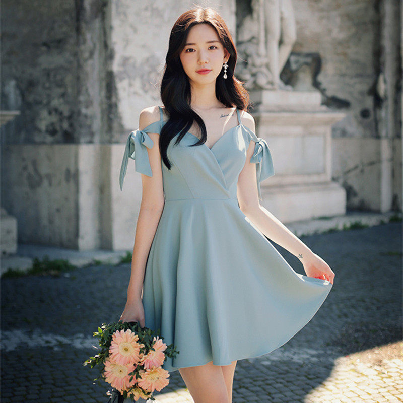 韩国milkcocoa正品代购2018夏装性感吊带露肩v领蝴蝶结雪纺连衣裙