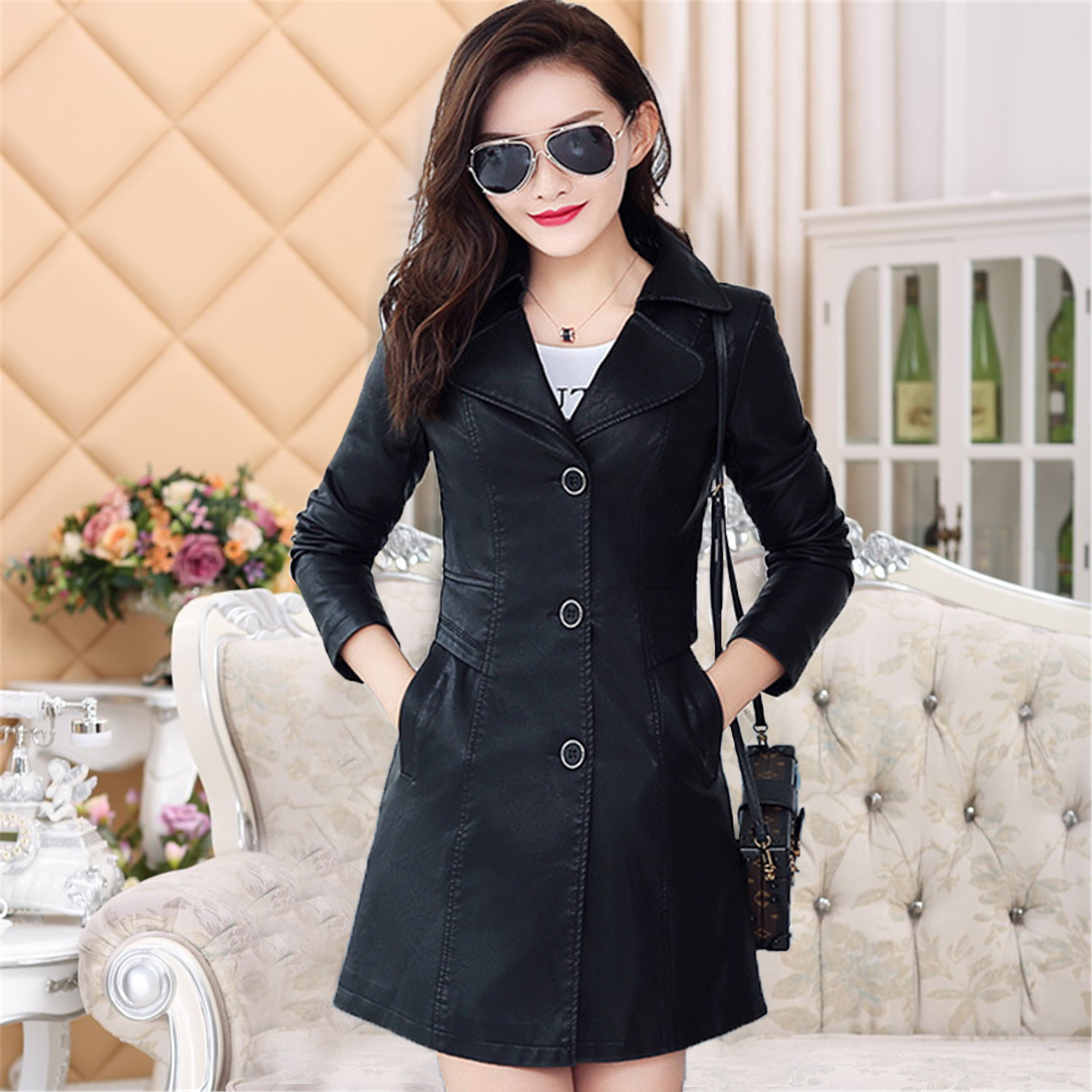 中长款pu皮衣女2019春秋款修身显瘦时尚风衣女百搭皮大衣外套优惠券