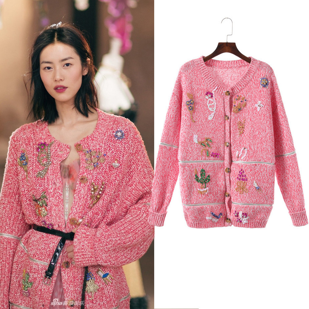 特价刺绣针织开衫女冬_2018秋冬刘雯明星同款重工钉珠花朵刺绣粉色
