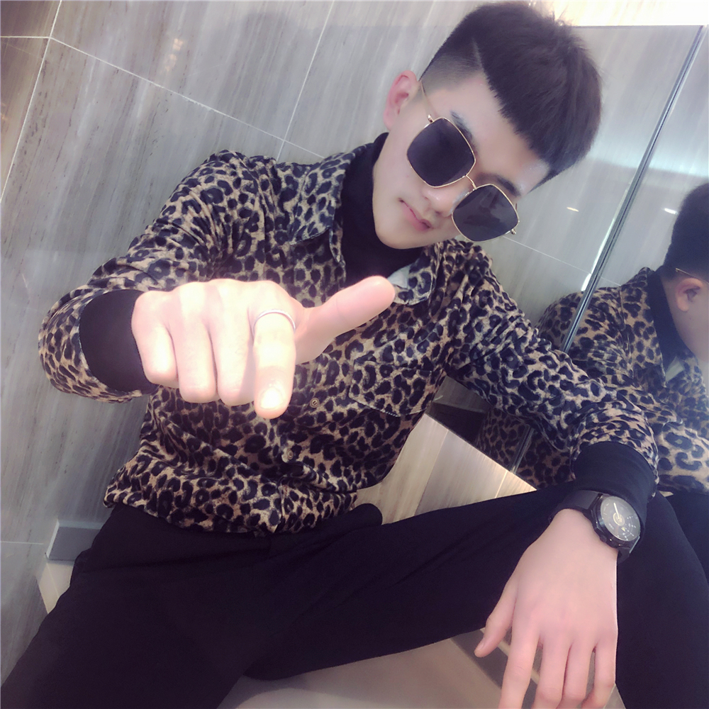 精神小伙长袖_社会精神小伙修身豹纹长袖假两件衬衫男潮流春秋印花