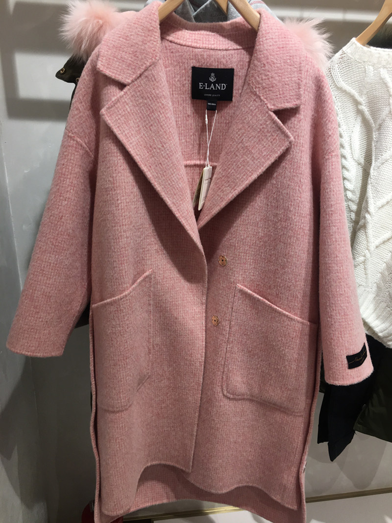特价依恋大衣_国内专柜代购eland依恋女装精品粉色宽松毛呢外套大衣ee