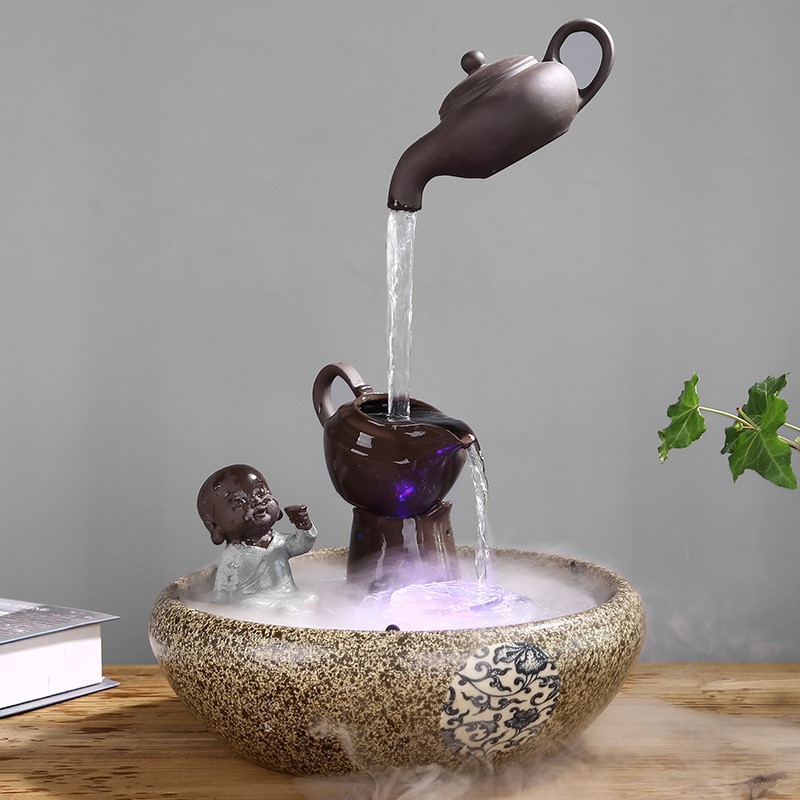 热销流水摆件 家用_循环茶台风水摆件招财流水家用盆景荷花缸悬浮礼品