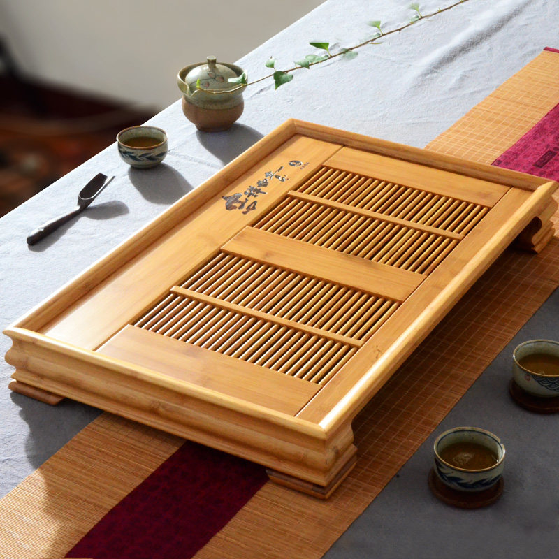功夫茶盘家用简约 竹制茶海抽屉式储水排水 茶艺干泡茶台竹子托盘