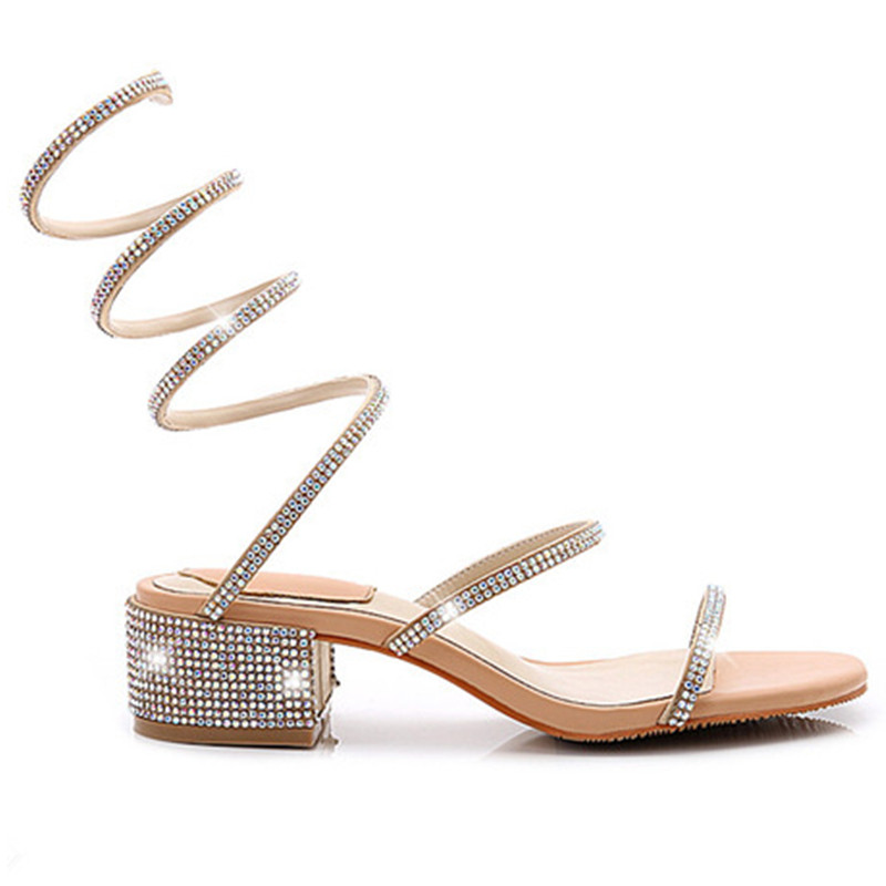 2018新款rc水钻蛇形缠绕凉鞋女夏粗跟罗马绑带