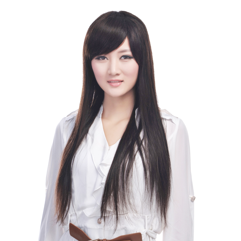 100%真发女士长假发 长直发 女长发 真人发丝假发女 斜刘海长发女