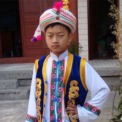 云南民族特色舞蹈服装白族阿鹏葫芦丝茶艺表演演出服四件套送帽子