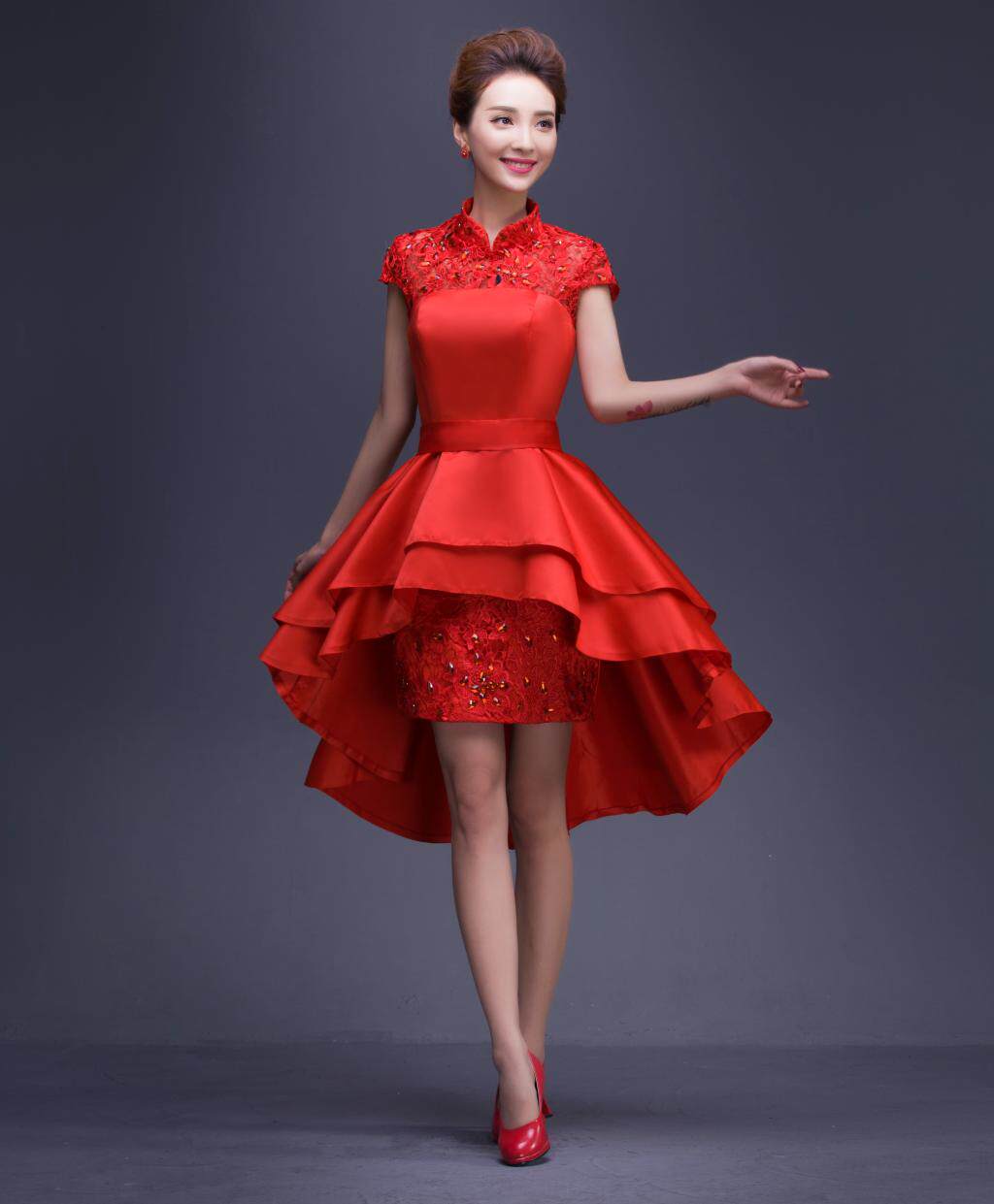 热销红色敬酒服冬季_2016新款前短后长新娘敬酒服冬季结婚礼服女订婚