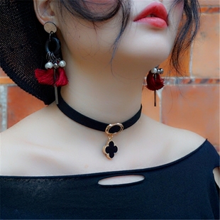 chocker四叶草项链女黑绳网红锁骨链短款脖子饰品颈带黑色颈链圈