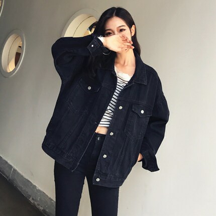 大码宽松显瘦黑纯色蝙蝠袖牛仔外套翻领破洞百搭长袖上衣女夹克潮_7折