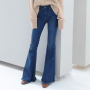 RLL2016早春新品复古百搭显瘦流苏喇叭裤水洗蓝色阔脚牛仔裤女