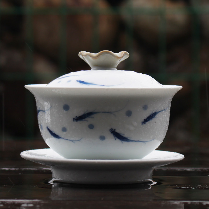 景德镇陶瓷盖碗中号高脚白色手工三才杯描金双线青花泡茶盖碗包邮