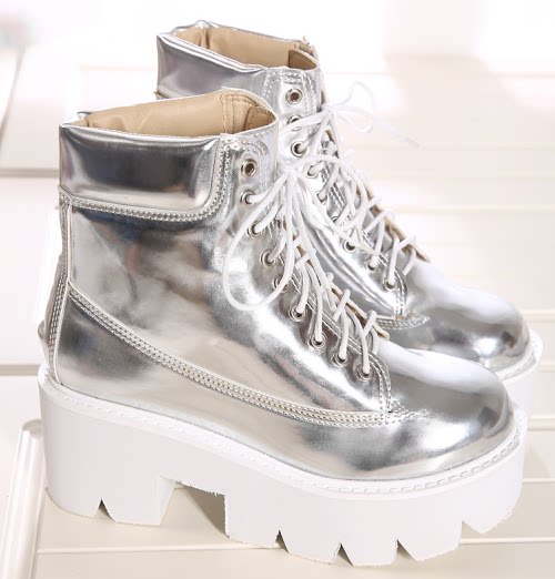 一折松糕鞋女厚底英伦马丁靴_超无敌炫彩马丁短靴 欧美风金属银色厚底