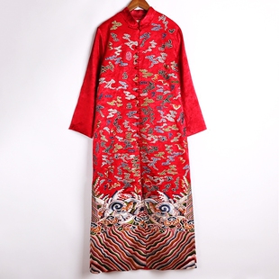 素女馆 民族风女装重工刺绣长款满绣外套 秋冬中式盘扣锦缎风衣