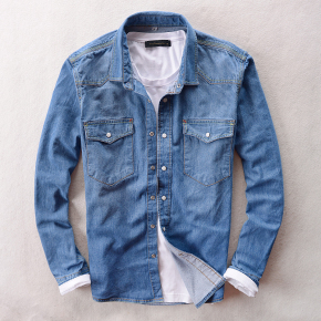 2018新款春秋潮男长袖牛仔衬衫 牛仔衬衣牛仔