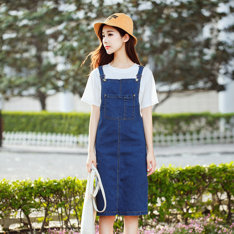 2018春新款高腰牛仔背带裙女中长款显瘦半身裙