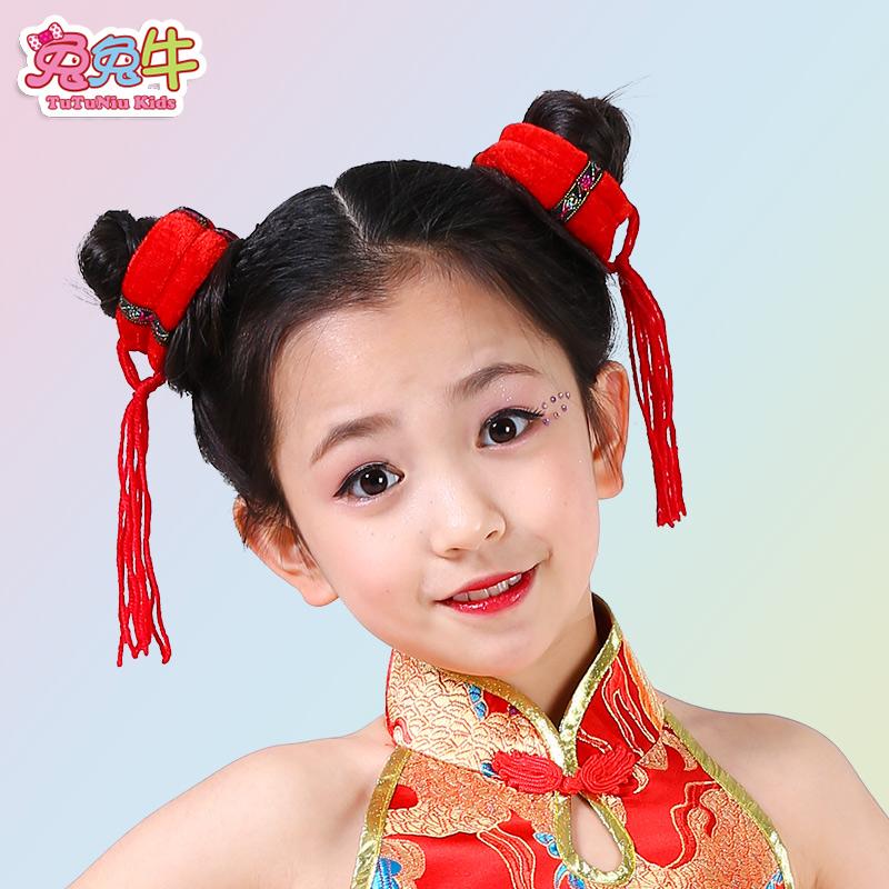 小女孩舞蹈头饰品少儿童节红色头绳宝宝发饰幼儿园秧歌舞功夫发圈