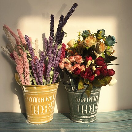 复古多色铁皮花筒花器花盆花店装饰干花欧式法式韩式落地桶_7折现价30