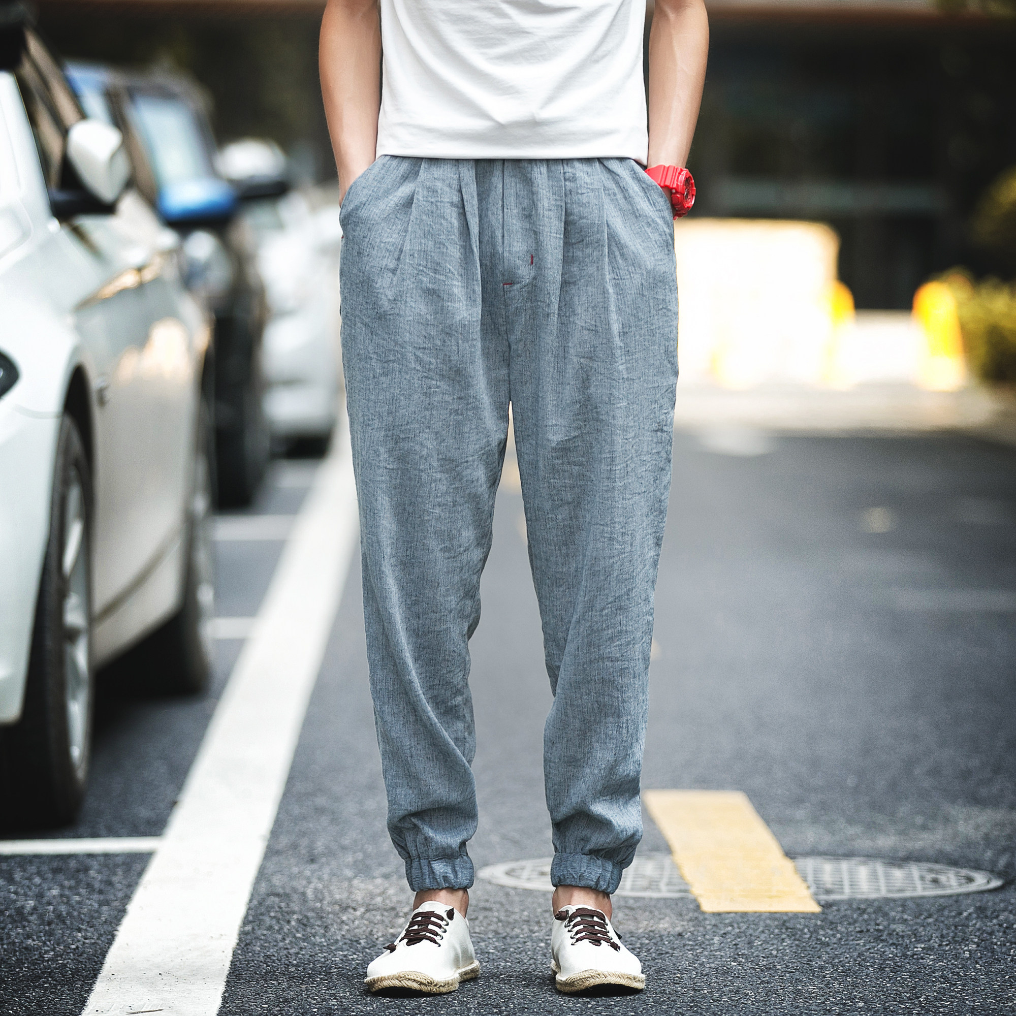 裤子男束口休闲_中国风大码亚麻裤棉麻哈伦裤宽松休闲裤束口小脚裤子