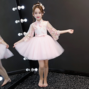 女童旗袍2018新款中国风儿童粉色复古公主裙女孩洋气婚纱连衣裙夏